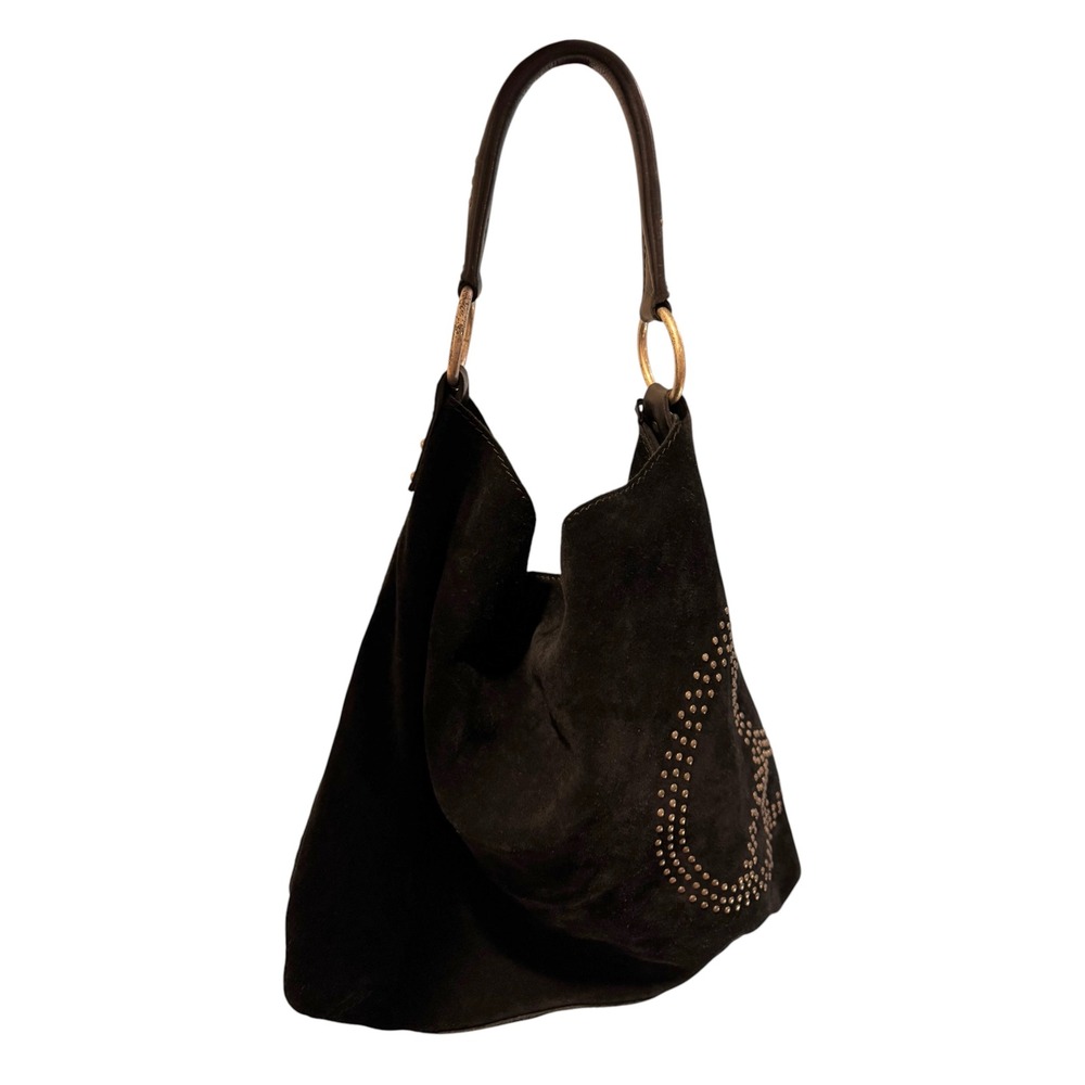 Lucky Brand Black Suede Studded Peace Sign Hobo Shoulder Bag Boho Y2K